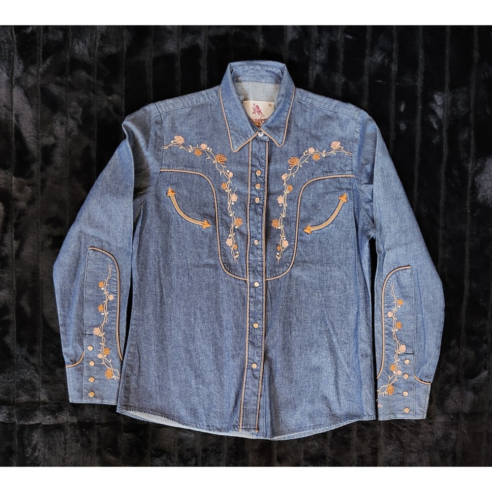 Rangers Legend Blue Denim Western Snap Shirt Camisa Vaquera Mezclilla Dama Med